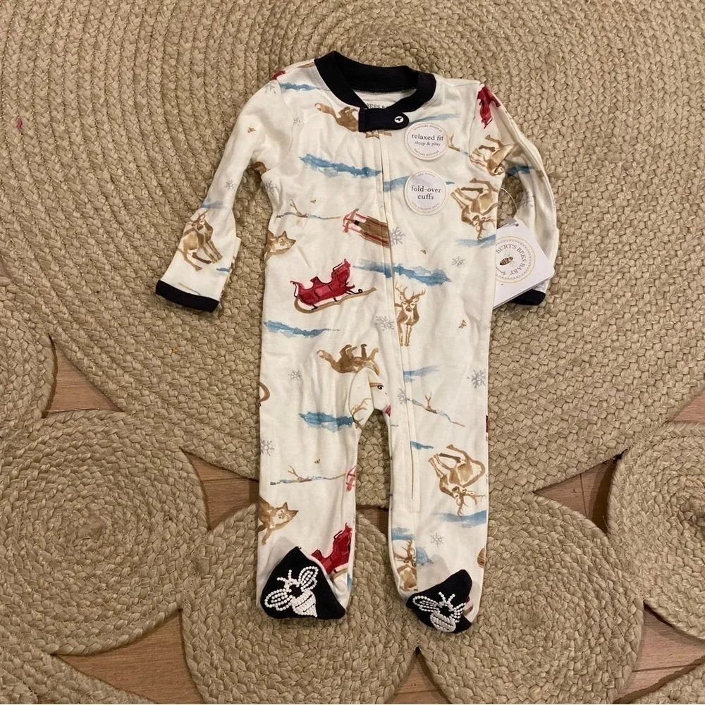 Burts Bees Baby Sleigh reindeer adventure Ride Organic Cotton Sleeper 0/3m NWT